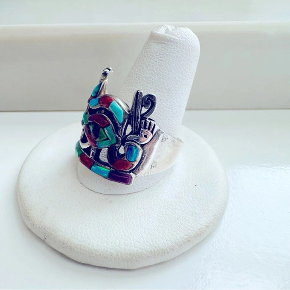 Handmade Sterling Silver Inlay Multi Gem Eye Of Horus Ring Size 11.5 - Picture 2 of 7